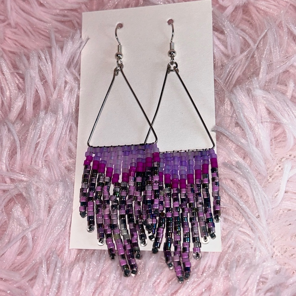 Elegant Purple Beaded Fringe Earrings